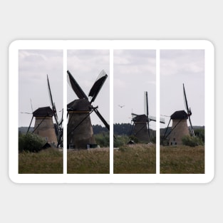 Wonderful landscapes in the Netherlands. Historic dutch windmills in Kinderdijk in a cloudy autumn day. Unesco site. Natural view from distance. Sticker